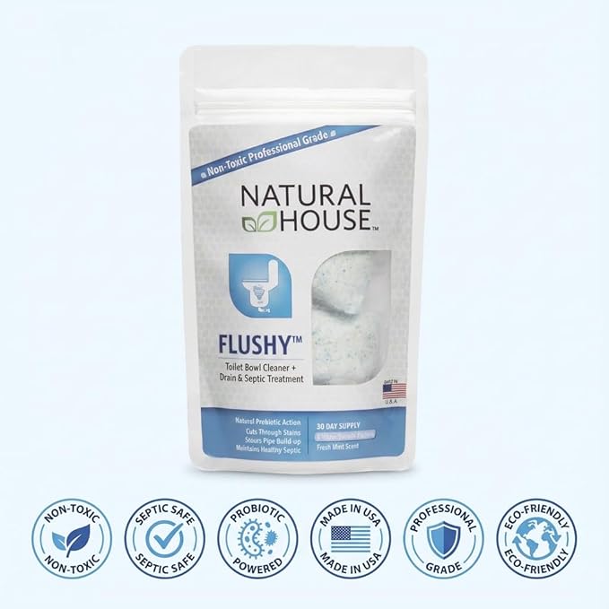 Enzyme Toilet Bowl Cleaner Pods - Natural House Flushy - Probiotic Septic Treatment - Removes Hard Water Stains, Calcium, Rust - Foaming Action - Fresh Mint - 20 Pack