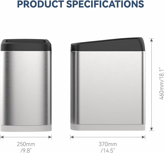 ELLO&ALLO 50 Liter 13 Gallon Touchless Rectangular Automatic Motion Sensor Trash Can for Kitchen, Brushed Stainless Steel Finish