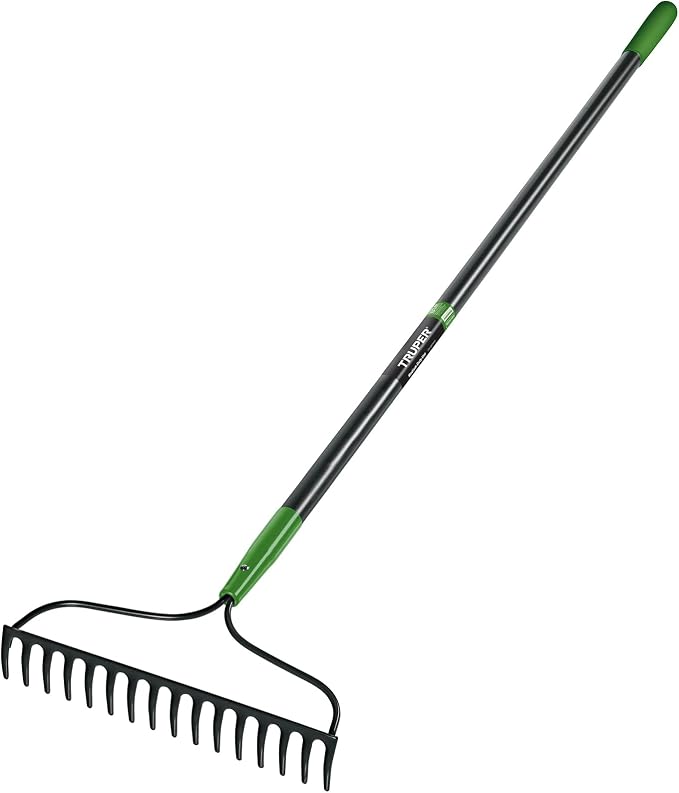 Truper Tru Tough 16-Tine Welded Bow Rake, 60-Inch Fiberglass Handle with Comfort Grip, Heavy-Duty Landscaping and Soil Leveling Tool (Model 32404 / R-16AM-FV)