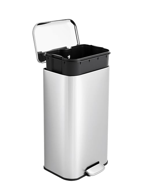 IDEALHOUSE 8 Gallon / 30L Stainless Steel Step Trash Can - Hands-Free Waste Bin with Soft-Close Lid, Removable Inner Bucket, Rectangular Design for Kitchen, Home, Office & Bathroom, Stainless Steel