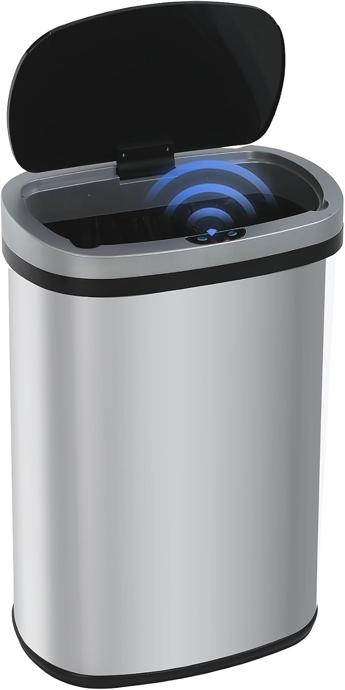 Furniture of America Verbena 13 Gallon Metal Household Trash Can Motion Sensor Lid for Kitchen, Silver