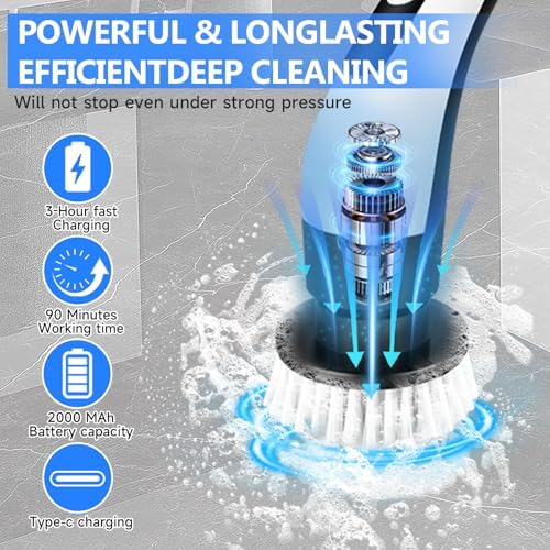 lectric Spin Scrubber, Cordless Bathroom Cleaning Brush with 8 Replaceable Brush Heads - 120Mins Work Time Adjustable Long Handle 2 Speeds | Handheld Steam Cleaner for Home, Pressurized Portable Handh