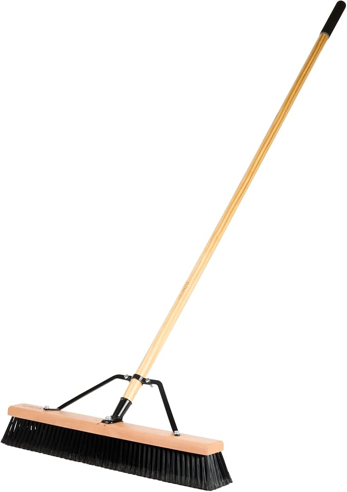 Restaurantware-Clean Tek Professional 24 Inch Push Broom, 1 Heavy-Duty Broom with 60” Handle - Fine Plastic Bristles, Durable, Wooden, Commercial Use, for Deck, Driveway, Garage, Yard, Patio