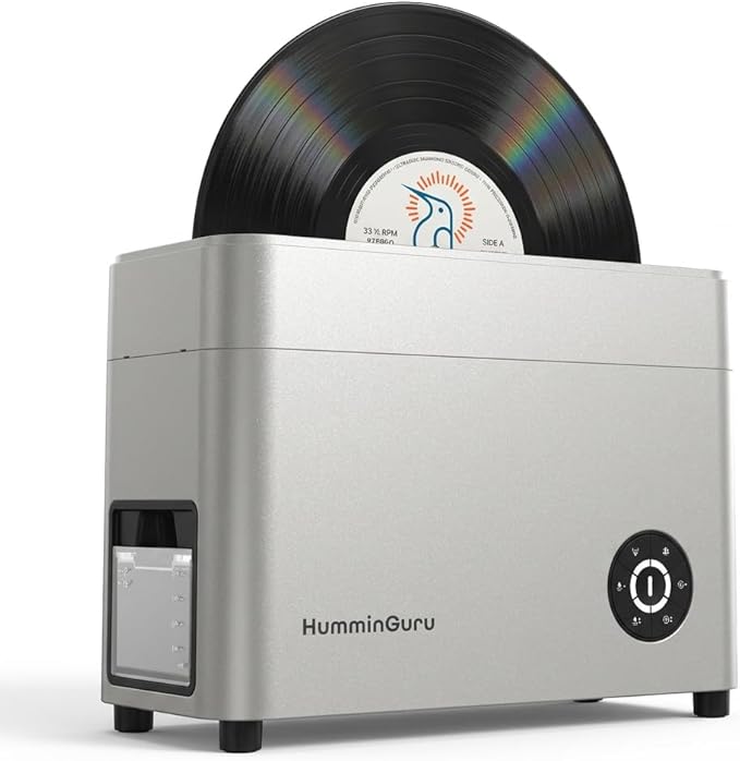 HumminGuru Ultrasonic Vinyl Record Cleaner- 40kHz Ultrasonic Vinyl Record Cleaning Machine with Auto Drying, Vinyl Cleaner Kit with Filters, 1Y Warranty (Sliver, 7/10/12 Inch)