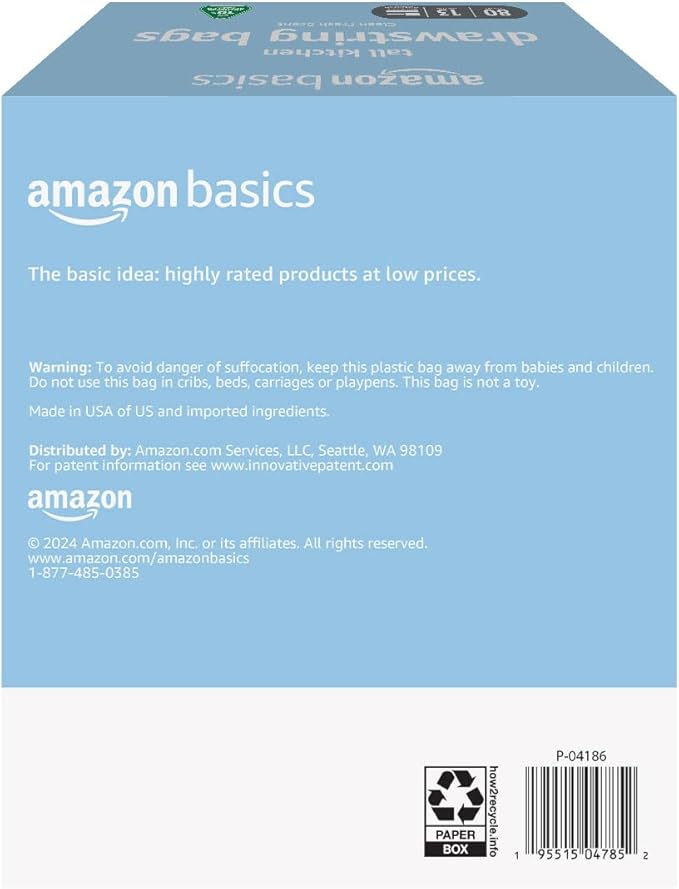 Amazon Basics 13 Gallon Tall Kitchen Drawstring Trash Bags, Clean Fresh Scent, 10% Post Consumer Recycled Material, 80 Count
