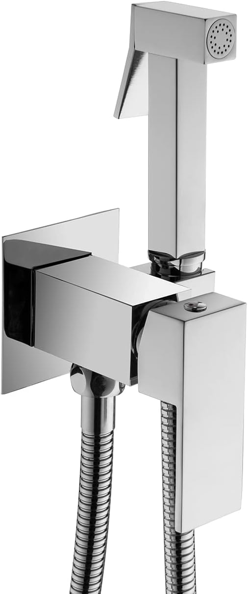 Handheld Bidet Sprayer Head Hot and Cold Mixing Kit Set Chrome Brass | Warm Water Value Mixer, Modern Square Design, Concealed Bidet Hand Held Sprayer Shattaf Bathroom Attachment For Toilet