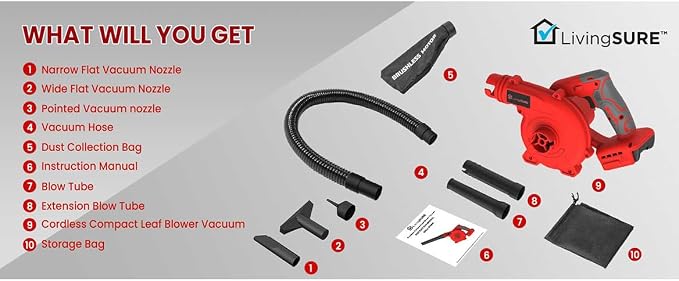 Cordless Compact Leaf Blower Vacuum by LivingSURETM Lightweight Electric Handheld Blower for Lawn and Leaf Care, Patio Cleaning, Dust Cleaner - Battery Not Included
