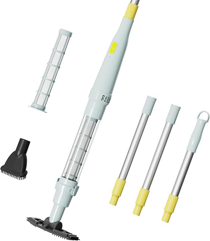 PoolMr Handheld Pool Vacuum for Above Ground Pool & Hot Tub Vacuum, with 2 Brush Heads, 90 Mins Running Time, 13.2 Gallons/Min Powerful Suction, Ideal for Cleaning Debris and Sand Underwater, Cyan