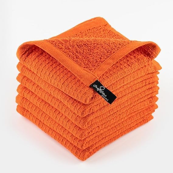 Dish Cloths|Kitchen Dish Towels Two-sided Waffle Terry|12x12 Inches 100% Cotton|Super Absorbent Reusable Quick Drying|Orange 6-Pc Set