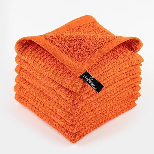 Dish Cloths|Kitchen Dish Towels Two-sided Waffle Terry|12x12 Inches 100% Cotton|Super Absorbent Reusable Quick Drying|Orange 6-Pc Set