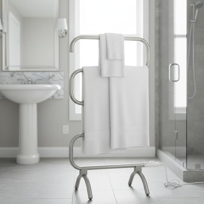 Warmrails Classic Towel Warmer - Free-Standing or Wall Mounted Towel Warmer Rack for Drying Towels and Garments - 37.5-Inch Nickel Finish Frame with 4 Bars - Model HCS