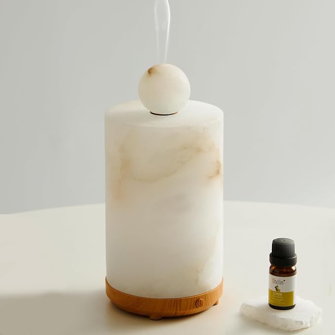 Marble Essential Oil Diffuser Machine Scent Air Humidifier for Home and Bedroom Spas Self Care Wellness Gift Set for Woman Stone Aromatherapy Diffuser (Alabaster, Cylindrical, 100, Milliliters)