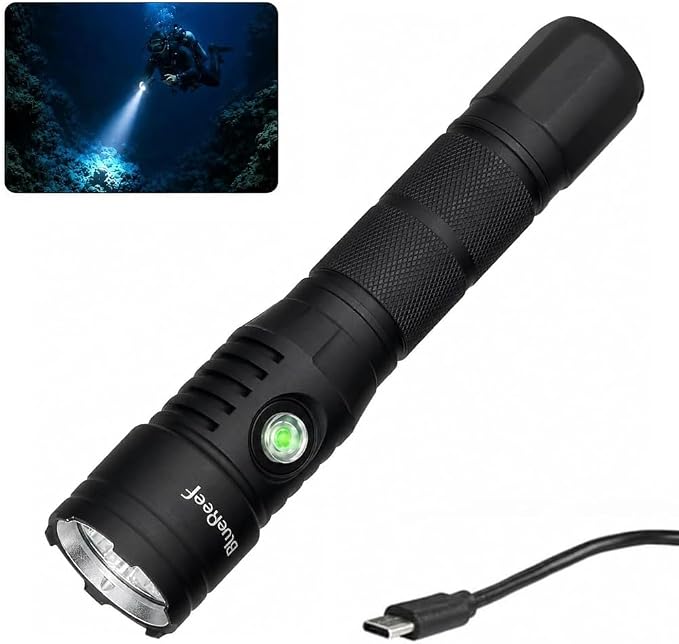 Blue Reef 1200 Lumens Compact Scuba Dive Light, 5Hr Runtime / 2Hr at Full 1200LM Power – USB-C Rechargeable, 100m Waterproof Diving Flashlight for Scuba, Snorkeling & Night Diving