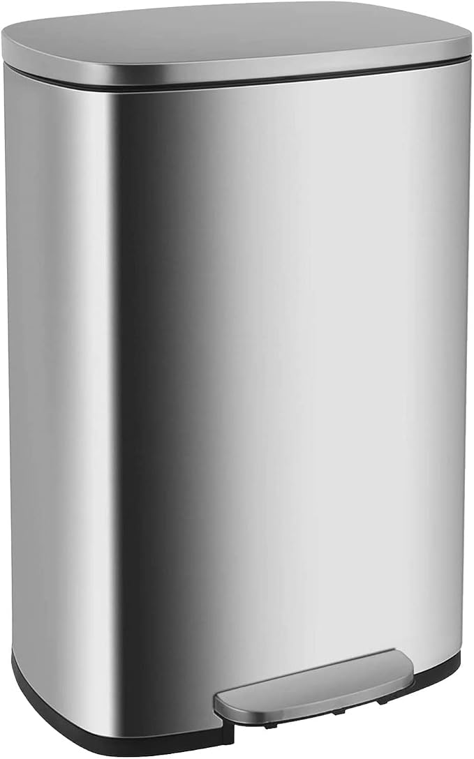 BestOffice 13.2 Gallon(50L) Trash Can, Fingerprint Proof Stainless Steel Kitchen Garbage Can with Removable Inner Bucket and Hinged Lids, Pedal Rubbish Bin for Home Office