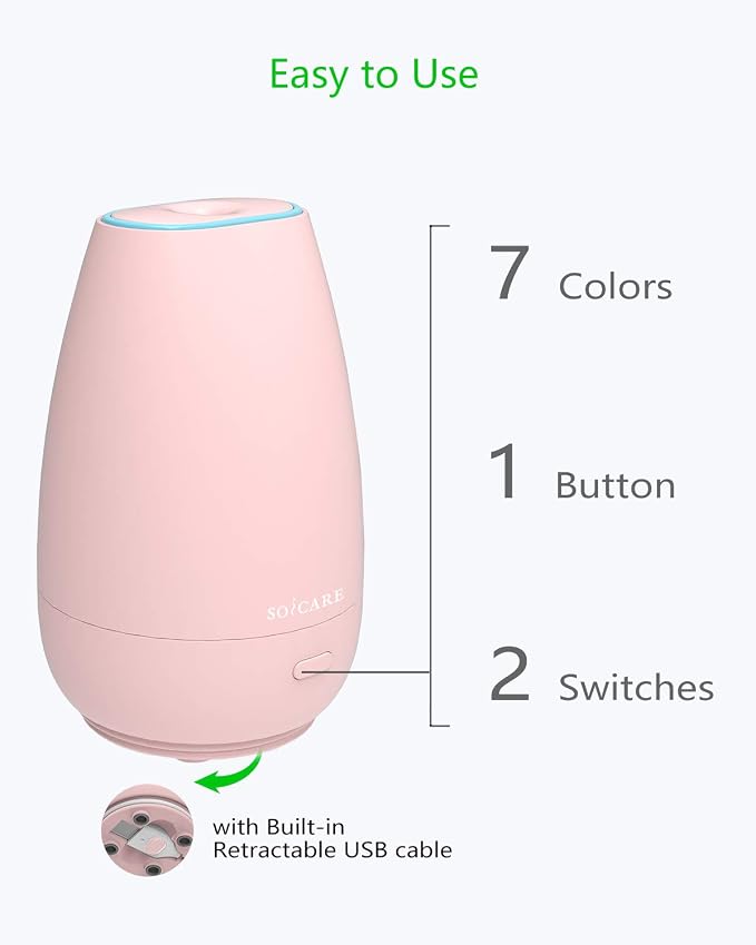 Portable Car Diffuser for Essential Oils, Small USB Aroma Humidifier with Soft Ambient Light, Perfect Personal Scent Diffuser for Vehicle, Home, Gym & Travel – Pink