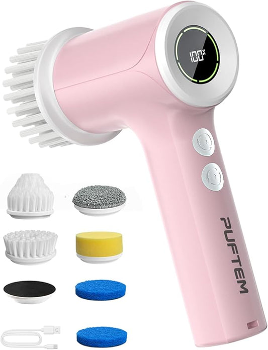 PUFTEM Upgraded Electric Spin Scrubber, Powerful Cordless Shower Scrubber with 4500mAh Large Battery & Speed Display, 6 Replaceable Brush Heads, Cleaning Brush for Bathroom Tile Tub Floor (Pink)