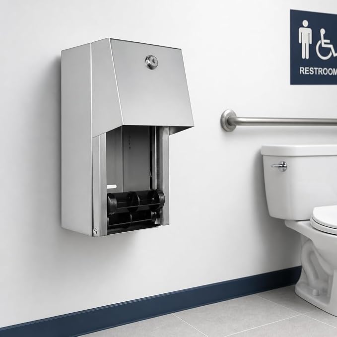 Commercial Toilet Paper Dispenser - 304 Stainless Steel Double Roll Holder - Heavy Duty Lockable Wall Mount Tissue Dispenser for Restroom - Metal Bathroom Fixtures