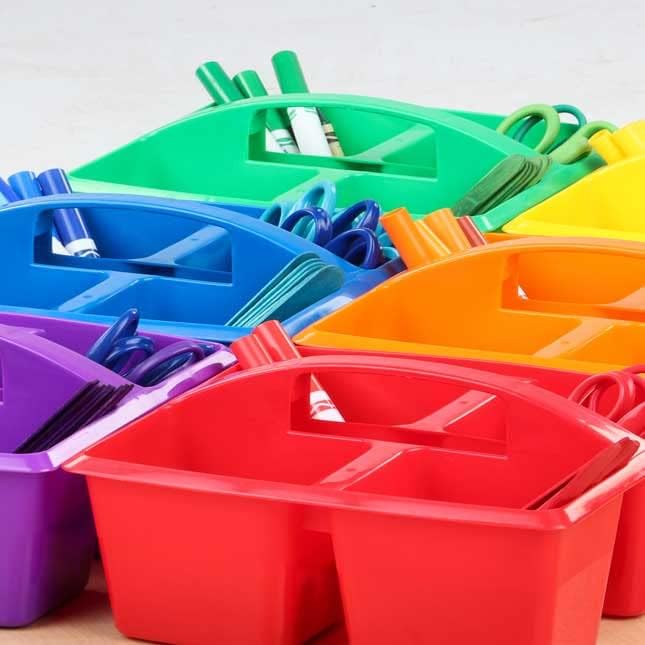 Really Good Stuff - 163999 Four-Equal-Compartment Caddies, Set of 6, Assorted Colors – Plastic Caddy Organizers with Built-in Handles and Stackable Design, Classroom Storage Made Easy