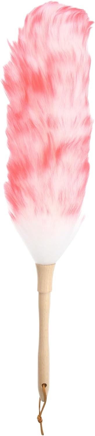 uxcell Wool Duster, 24.4" Natural Feather Cleaner Household Cleaning Duster with Solid Wooden Handle for Cleaning Fans Window Blinds Shelves Furniture, White Pink