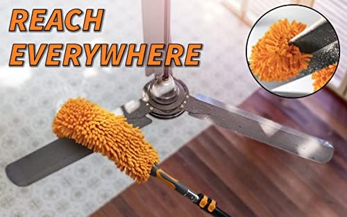 5-14 ft Flexible Fan Duster for High Ceiling Fan with Extension Pole (20+ Foot Reach) // Microfiber Ceiling Fan Blade Cleaner // Washable Fan Brush with Telescopic Pole // Best High Reach Dusting Kit