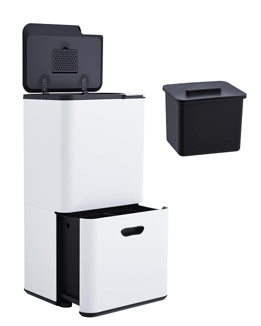 Garvee 16 Gal Dual Trash Can for Kitchen, 2 Compartment (33l + 28l) Garbage Can with Compost Bin, Stainless Steel Trash and Recycle Bin Combo with Removable Inner Bucket, Odor Control, White