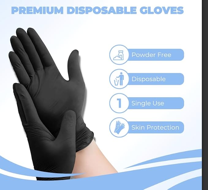 HandCare 4 Mil Black Nitrile Disposable Gloves, Powder-Free & Latex-Free for Tattoo, Food Prep & Cleaning