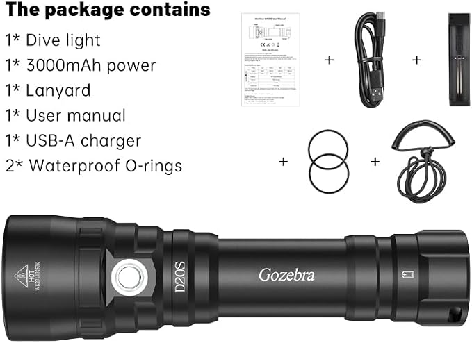 D20S Scuba Diving Light, 2000 Lumens Waterproof Underwater Lights, IPX8 Scuba Diving Flashlight,984ft Long Range Underwater Flashlight for Diving Snorkeling Deep Sea Cave with Charger