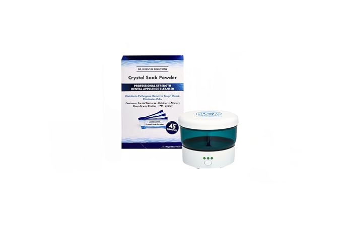 Dr. B Dental Solutions Denture Cleanser Bundle - Efficient Dental Cleaner, Ideal for Oral Dentures, Night Guards, Retainers - Ultrasonic Cleaner & Powder Crystal Soak Cleanser, 45 Packs Included