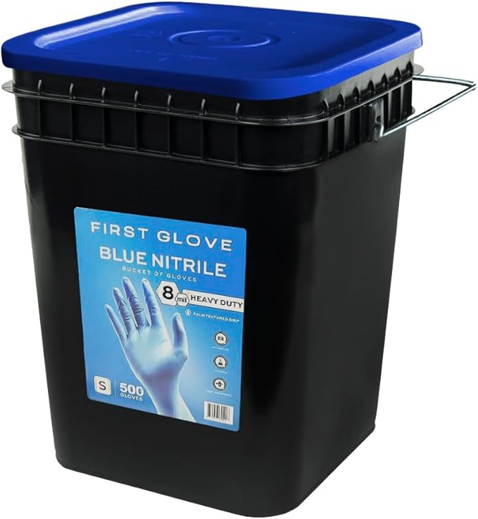 First Glove Nitrile 8 Mil Bucket Fully Textured Blue Gloves - Heavy Duty Gloves for Industrial & Automotive Work 500ct