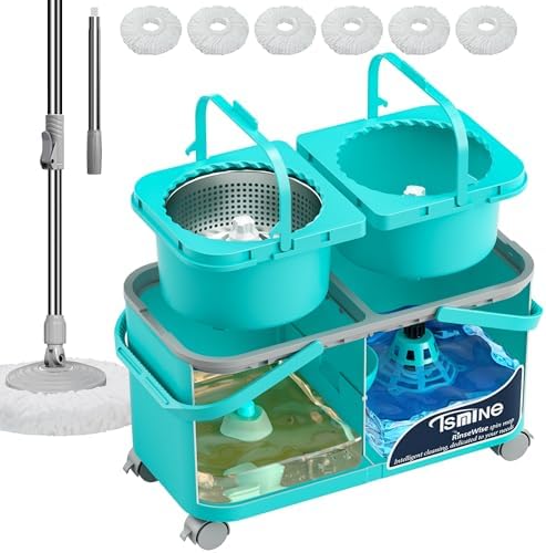 RinseWise Gen 2 Easy-Use Spin Mop,with 360 ° Swivel Wheels and 12 Pcs Mop Heads for Home & Kitchen Cleaning