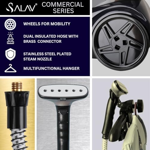 SALAV Heavy Duty Commercial Full-Size Garment Steamer with Foot Pedals and Extra Large 3L (101.5 oz) Water Tank and XL Rechargeable Fabric Shaver with Light, 6-Leaf Steel Blades, 3-Speed Motor