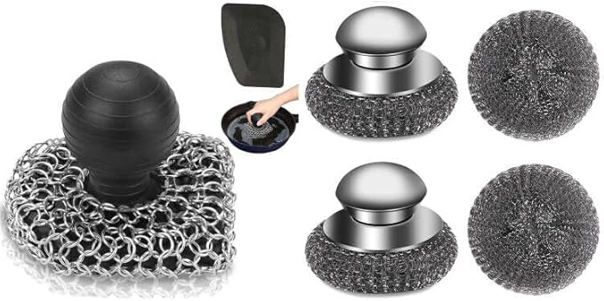 Cast Iron Scrubber Set with Steel Wool Scrubber Set, 316 Chainmail Scrubber, Upgraded Chain Mail Scrubber Sponge,Stainless Steel Scrubber with Handle(6 Pcs)