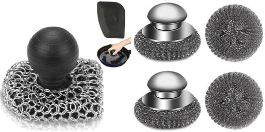 Cast Iron Scrubber Set with Steel Wool Scrubber Set, 316 Chainmail Scrubber, Upgraded Chain Mail Scrubber Sponge,Stainless Steel Scrubber with Handle(6 Pcs)