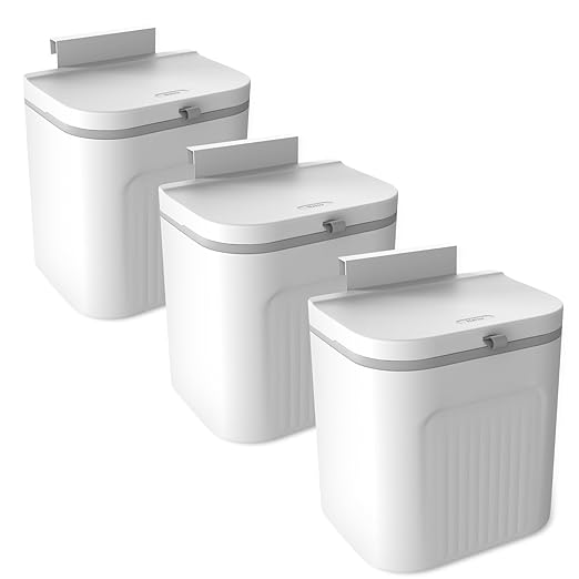 Naisu 3 Pack 1.12 Gallon Kitchen Garbage Bin for Counter Top or Under Sink, Stick on the Wall，Hanging Small Trash Can with lid for Cupboard/Bathroom/Bedroom/Office(White)