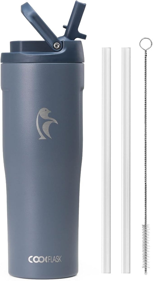 Coolflask Water Bottle 32 oz Fits Car Cup Holder, Slim Tumbler Stainless Steel with Straw & Handle, Vacuum Flask Leakproof Wide Mouth for Travel Sports Gym, Grey