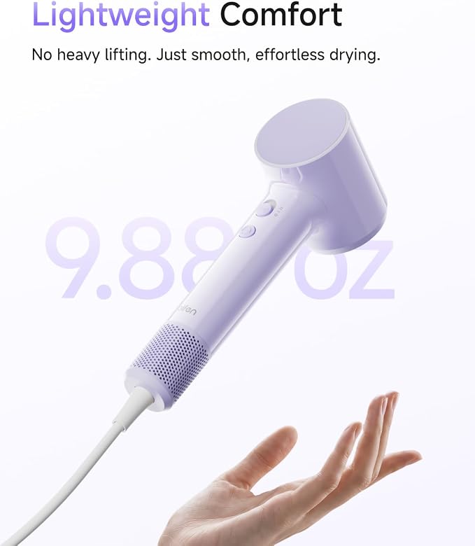 Laifen Air Hair Dryer, Lightweight and Palm-Sized Compact, 15× High-Speed Drying with 110, 000 RPM Powerful Motor, Smart Temperature Control, 200 Million Negative Ions, 5 Modes & 2 Airspeeds, Purple