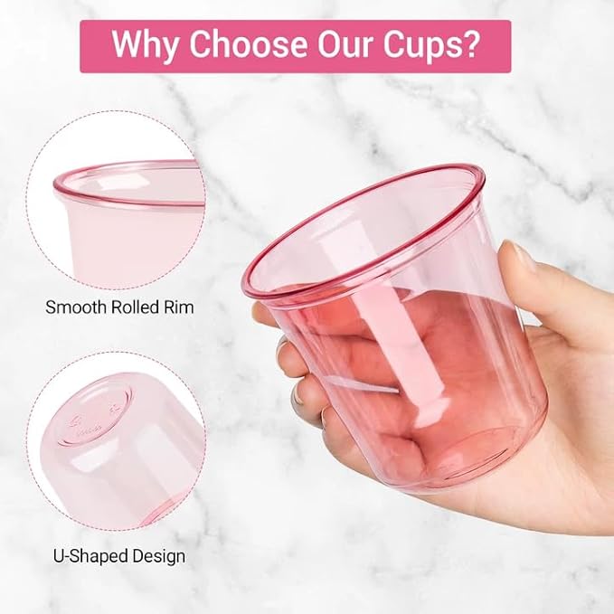 Soelomu 12 oz Pink Plastic Cups, 50 Pcs Disposable Stemless Wine Glasses Round Bottom Cocktail Party Cups for Wedding Birthday Meeting Gathering