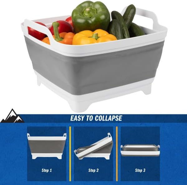 Collapsible Wash Basin - 9L Portable Sink with Drain - Plastic Tub Dish Pan for Camping, Handwashing Laundry, or Dishes by Wakeman Outdoors (Gray)