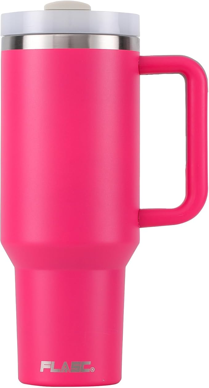 FLASC 40 oz Tumbler With Handle | 100% Leakproof Insulated Tumbler With Lid and Straw | Includes ALL Accessories: Stainless Steel Straw, Silicon Boot, Straw Cover & Cleaner (Hot Pink)