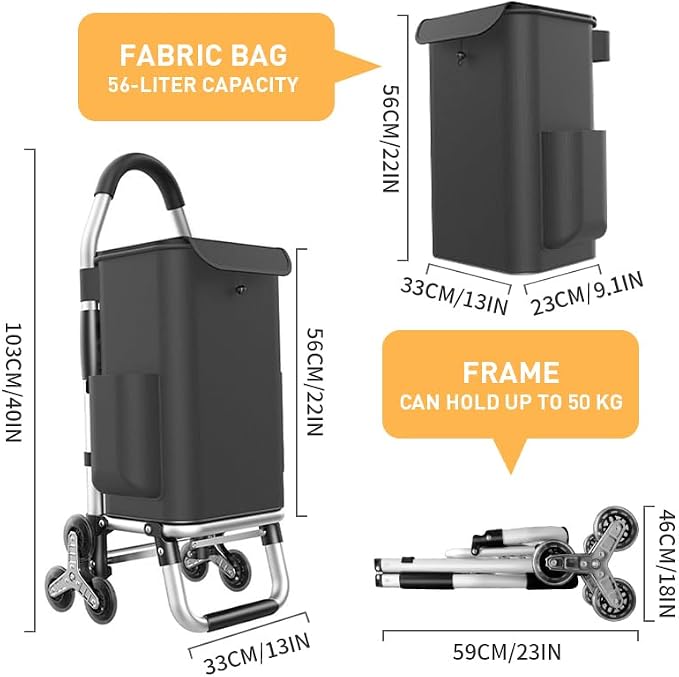 Heavy Duty 3 in 1 Shopping Cart, Foldable Hand Truck with 6 Wheels, 110 lbs Grocery Cart, Portable Utility Dolly, Waterproof Bag for Moving, Camping
