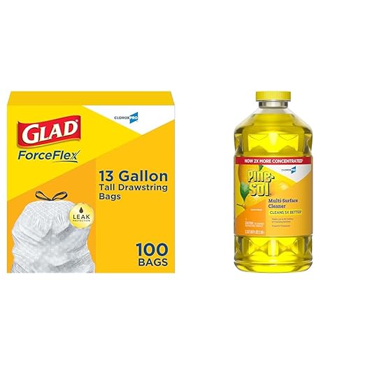 CloroxPro Glad ForceFlex 13 Gallon Tall Kitchen Drawstring Trash Bags, 100 Count and Pine-Sol Multi-Surface, All-Purpose Cleaner, 2x Concentrated Formula, Lemon Fresh, 80 Fl Oz (Package May Vary)