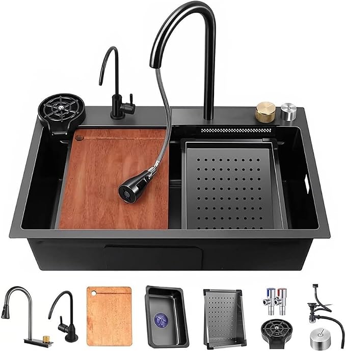 Black Waterfall Kitchen Sink, Drop in Single Bowl Stainless Steel Bar Sink with Cup Washer Sinks, Topmount Workstation Kitchen Sink with Accessories (Size : 29.5 x 17.7in)