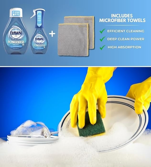 Platinum Powerwash Fresh Scent Liquid Dish Spray 16 oz + 16 oz Refill Bundle with Microfiber Cloth - Dish Soap - Powerwash for Dishes and Hard-to-Reach Items - (4 Items)