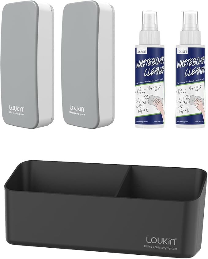 LOUKIN Whiteboard Accessories Bundle | Magnetic Dry Erase Eraser (Gray) 2 Pack & Non-Toxic Whiteboard Cleaner (3.4 fl oz) 2 Pack & Magnetic and Adhesive Marker Holder (Black)