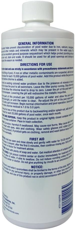 Pool Mate 1-Quart 4-Pack Concentrated Metal Out Stain and Mineral Inhibitor, Pool Metal Remover, Stain Remover, Made in USA