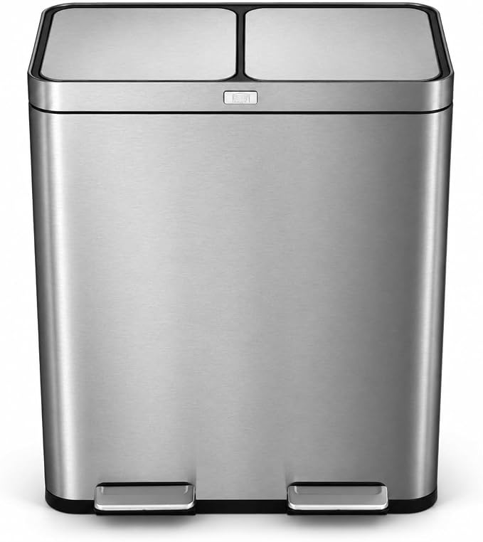 Home Zone Living 16 Gallon Kitchen Trash Can with Dual Compartments | Stainless Steel with CleanAura Odor Control, Soft-Close Step Pedal Lids for Recycling, Silver