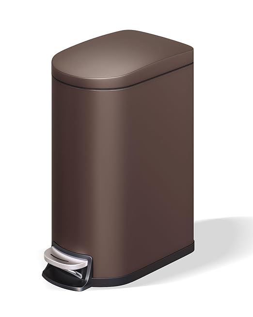 Garvee 2.6 gal / 10 L Metal Bathroom Trash Can with Lid, Slim Waterproof Garbage Can for Bedroom, Small Step-on Trash Bin with Inner Bucket, Rear Handle, Soft Close Lid, Brown