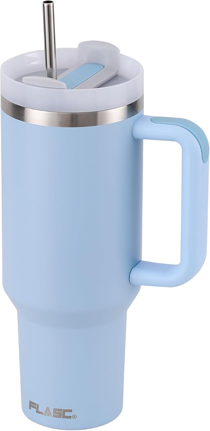 FLASC 40 oz Tumbler With Handle and Straw | 100% Leakproof Insulated Tumbler With Lid and Straw | Includes ALL Accessories: Stainless Steel Straw, Silicon Boot, Straw Cover & Cleaner (Sky Blue)