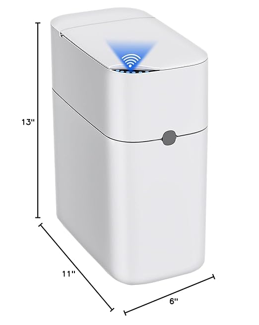 CTIME Touchless Automatic Bathroom Trash Can with Lid - 3 Gallon Slim Motion Sensor Garbage Can for Bedroom, Kitchen, Office - White (6" W x 11" L x 13" H)
