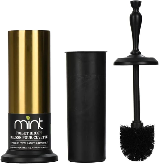 J&V TEXTILES Toilet Brush, Toilet Bowl Brush with Extra Long Handle Durable Bristles Toilet Scrubber and Covered Holder for Toilet Brush Set for Bathroom Cleaning (Aged Brass/Matte Black)